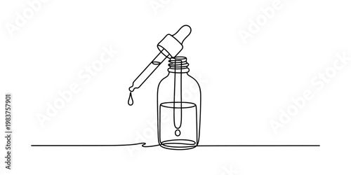 A single continuous line drawing of a glass dropper bottle containing essential liquid medicine Vector, illustration