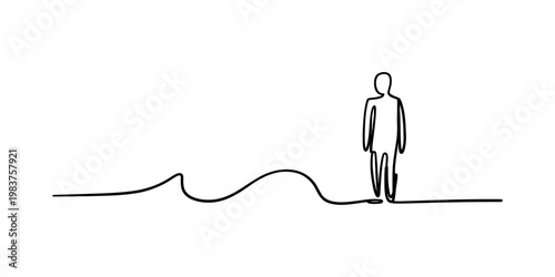 Minimalist continuous single line drawing of a person standing next to a gentle wave silhouette Vector, illustration