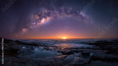 Milky Way over ocean horizon at dawn twilight sky