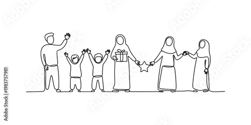A single line drawing illustration of a happy muslim family celebrating with gifts and a star. Vector, illustration