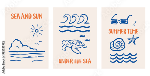 Summer Beach Aesthetic Poster Triptych Set, Hand Drawn Sea Turtle, Sunset, and Shell Blue Line Art, Minimalist Nautical Decorative Illustration for Wall Art