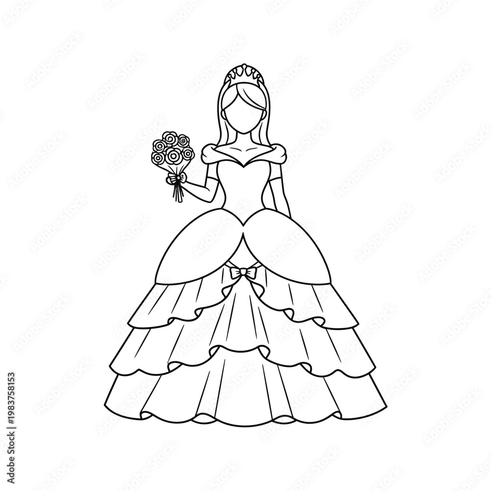 Fototapeta premium Beautiful princess line art character wearing elegant gown and holding bouquet