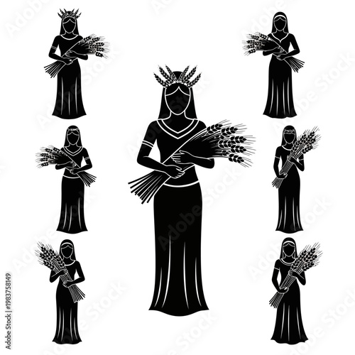 Ancient Goddess Ceres Silhouette with Wheat Sheaves, Symbol of Agriculture and Harvest
