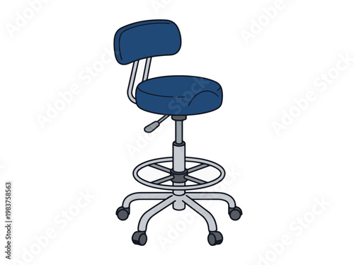 A blue adjustable ergonomic rolling stool with a backrest, foot ring, and five castor wheels, illustrated on a white background.