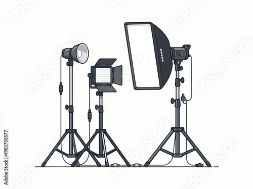 Vector illustration featuring three professional photography studio lights: a parabolic reflector light, an LED panel, and a softbox strobe, all on stands.