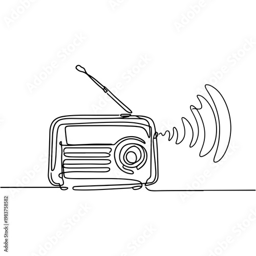 Minimal line illustration of a radio with sound waves becoming visible, symbolizing communication, broadcast, music, and invisible signals made tangible