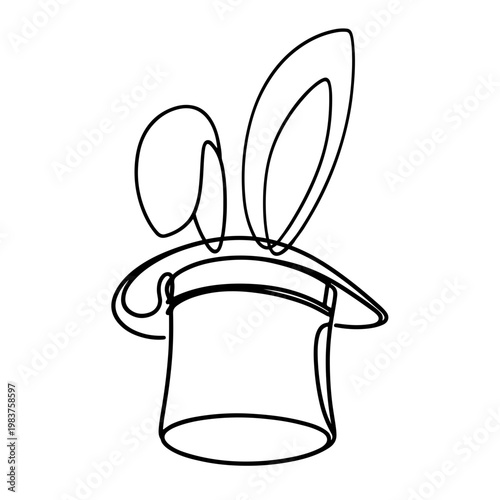 Minimal continuous line illustration of a top hat with a rabbit ear poking out, symbolizing magic, illusion, surprise, and classic stage tricks in elegant black line art