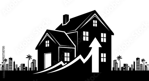 Real Estate Growth: House Silhouette with Upward Arrow and Cityscape
