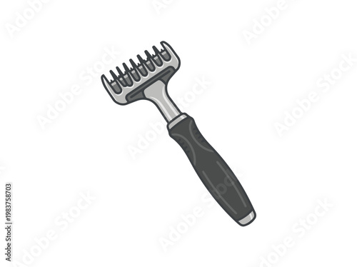 A simple illustration of a back scratcher with a textured grey handle and a metal scratching head with multiple tines.