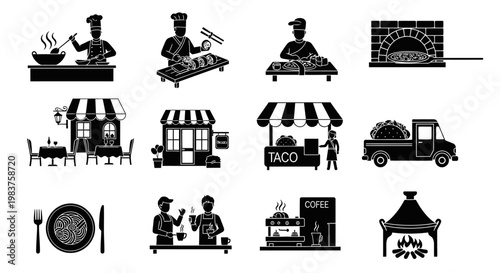 Food Industry Icons: Chefs, Restaurants, Food Trucks, and Ovens