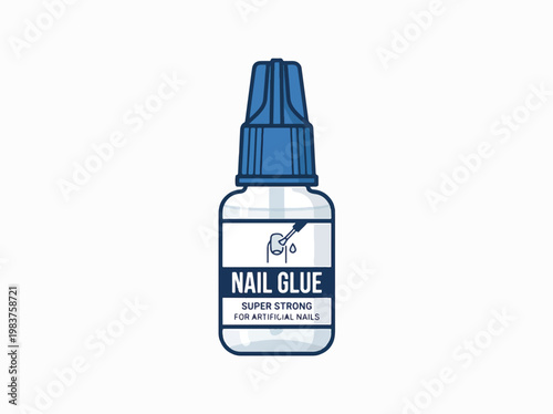 A clear bottle with blue cap and label reading NAIL GLUE and SUPER STRONG FOR ARTIFICIAL NAILS.