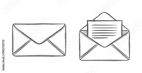 Black and white hand drawn sealed and open envelopes with letter mail stationery