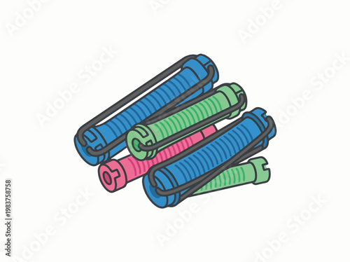 A pile of colorful hair rollers, made of plastic and featuring elastic bands to hold them in place.