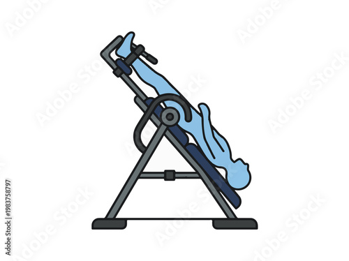 A person is shown on an inversion table, tilted at an angle, with their feet secured and body in a reclined position.