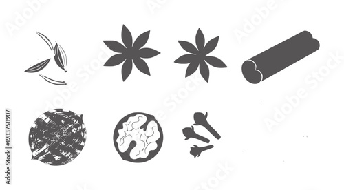 Black and white line of various spices and herbs