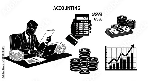 Accounting concept: Businessman analyzing financial documents with calculator, money, and graph