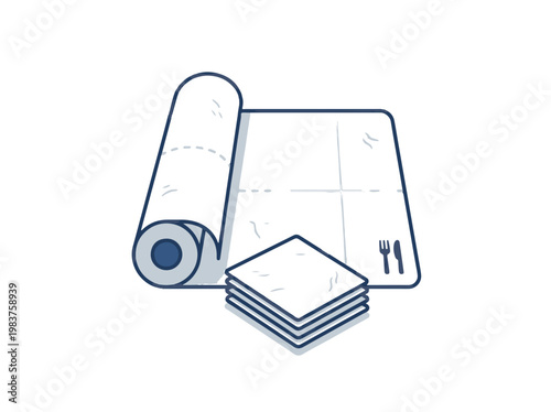 A roll of white paper, a stack of folded squares, and a flattened sheet with cutlery symbols on a white background, suggesting disposable tableware.