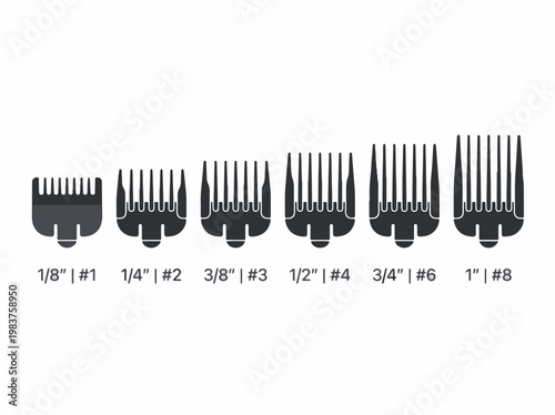 Six barber clipper guards of increasing size, labeled with their corresponding inches and guard numbers from 1/8 #1 to 1 #8.