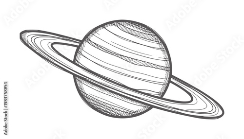 Black and white of Saturn with rings and textured surface planet