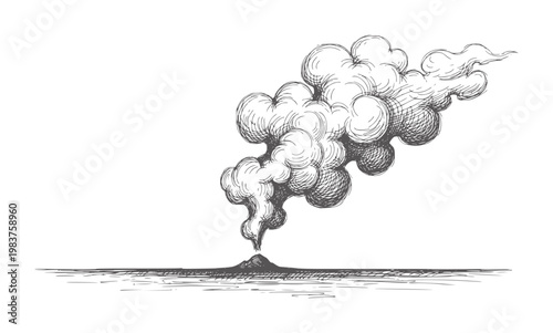 Black and white of an erupting volcano with dense swirling smoke eruption clouds