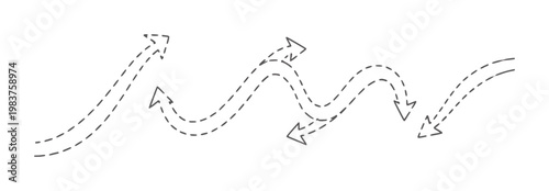 Black dashed line graph with upward and downward arrows showing trend fluctuations