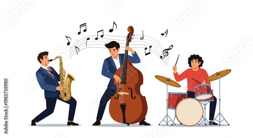 Jazz Band Performing: Saxophonist, Bassist, Drummer Playing Music with Notes
