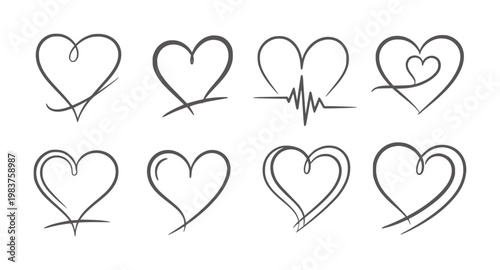 Eight hand drawn black hearts in various styles white handdrawn love