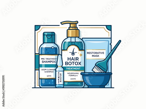 A collection of hair care products, including shampoo, hair botox treatment, a restorative mask, and a brush, arranged with a bowl.