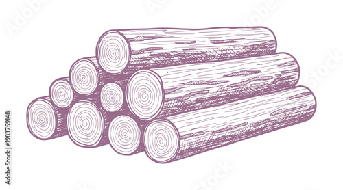 Stacked purple etched wooden logs with visible growth rings and rough texture