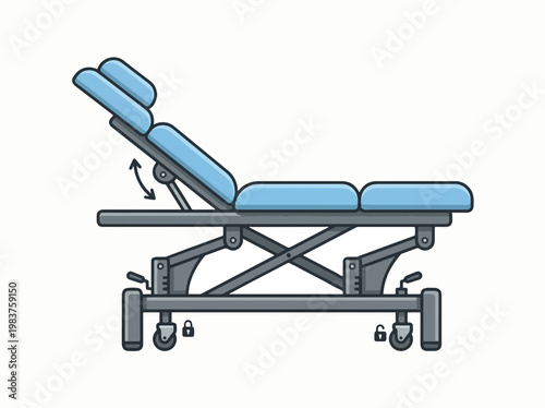 An adjustable medical examination or treatment table with a padded headrest and multi-sectioned cushioned surface, supported by a sturdy wheeled frame.