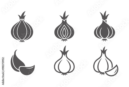 Six black and white onion bulb and clove in simple line style onions cloves