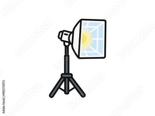 Cartoon illustration of a studio light with a softbox on a tripod, emitting a bright yellow glow.