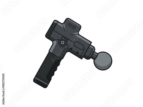 A black, handheld percussion massage gun with a round head attachment, depicted as a simple illustration on a white background.