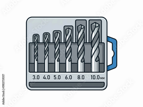 An illustration of a drill bit set featuring six different sizes (3.0mm to 10.0mm) neatly arranged in a gray storage case with a blue handle.