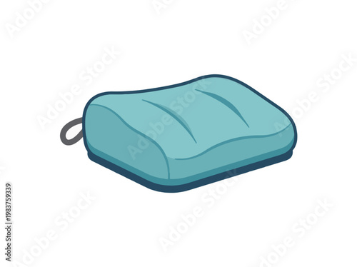 A blue, inflatable pillow with a grey loop on the side. It has a slight curve to the top surface.