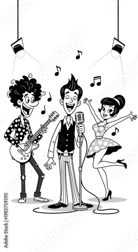 Retro Band Performing Live Music: Singer, Guitarist, and Dancer on Stage