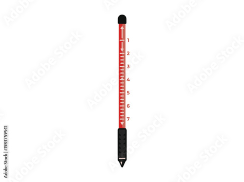 An illustration of a red and black surveying leveling rod, vertically oriented with numerical markings (1-7), tick marks, and directional arrows. It has a pointed tip.