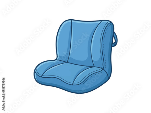 A cartoon illustration of a vibrant blue single seat, featuring a backrest, cushion, and stitched details, resembling a boat, kayak, or compact vehicle seat.