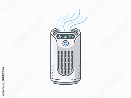 An illustration of a modern white and grey air purifier with blue lines indicating airflow. Its display shows AQI 22 and a fan icon, symbolizing improved indoor air quality.