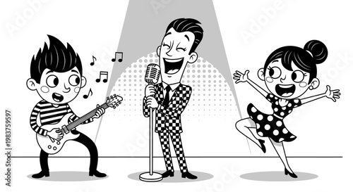 Retro Band Performing Live: Singer, Guitarist, and Dancer on Stage