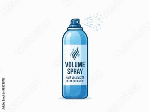 An illustration of a blue aerosol can labeled VOLUME SPRAY, HAIR VOLUMIZER and EXTRA HOLD & LIFT, spraying a mist against a white background.