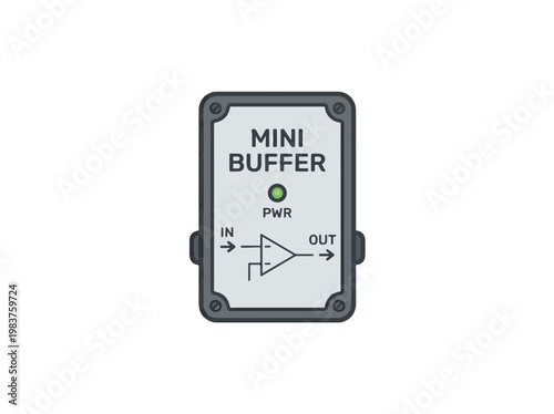 A minimalist illustration of a MINI BUFFER pedal with IN and OUT labels, a green power LED, and a buffer circuit symbol.