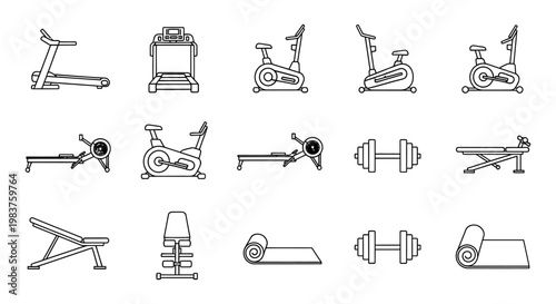 collection of outline icons for gym equipment exercise machines and fitness accessories