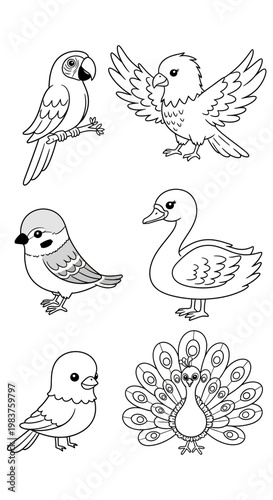Cute Cartoon Birds Collection: Parrot, Dove, Duck, Peacock, Sparrow, Bird
