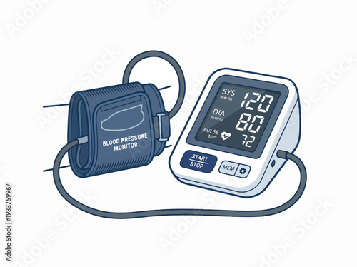 A digital blood pressure monitor with a cuff on an arm, displaying systolic 120, diastolic 80, and pulse 72.