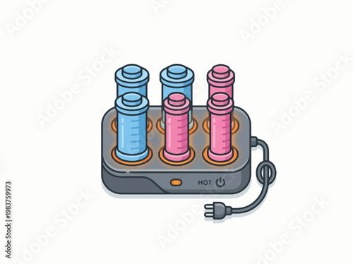 A set of heated hair rollers in a charging base with a power cord. The rollers are a mix of blue and pink, designed for creating curls.