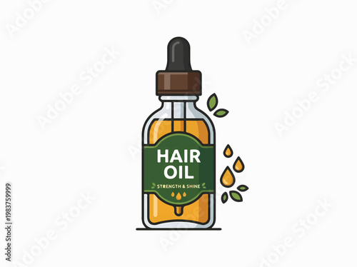 A bottle of hair oil with a dropper, surrounded by leaves and dripping oil. Hair Oil Strength & Shine is labeled on the bottle.