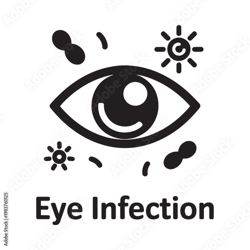 Graphic depiction of an eye with surrounding symbols indicating infection