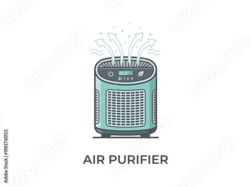 An air purifier with arrows indicating clean air being released. The device has a digital display and a leaf icon.