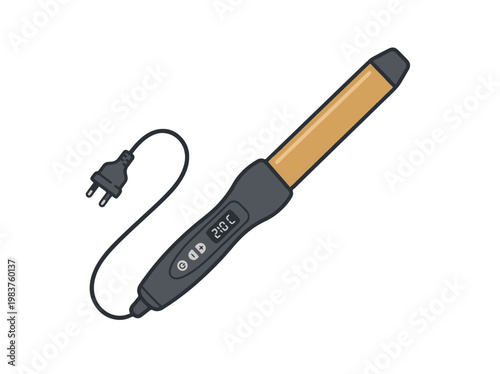 A black and gold curling iron with a digital display showing 210°C and a European plug.